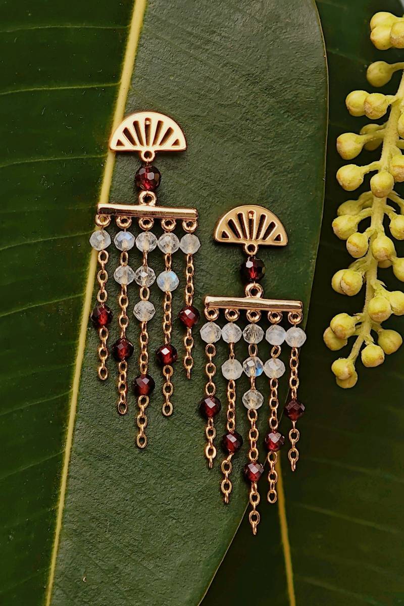 Art Deco Boho Earrings - Moonstone & Garnet Dangle Earrings, 18K Gold Plated Brass, Handmade Bohemian Gemstone Jewelry von RepinArt