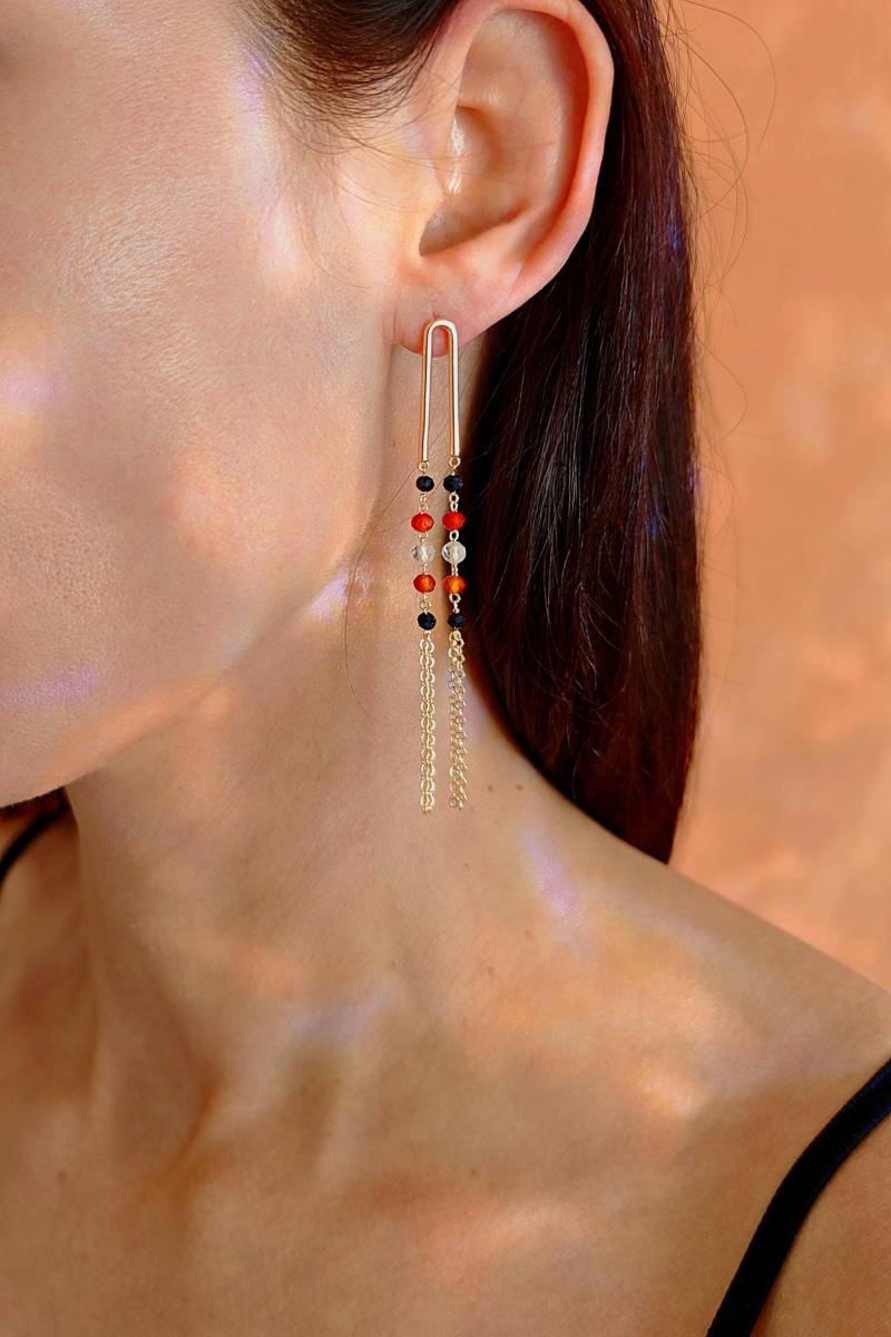 Boho Art Deco Earrings With Blue Sandstone, Carnelian & Moonstone - Minimalist Dangle Earrings, Handmade Gemstone Jewelry Nefertiti von RepinArt