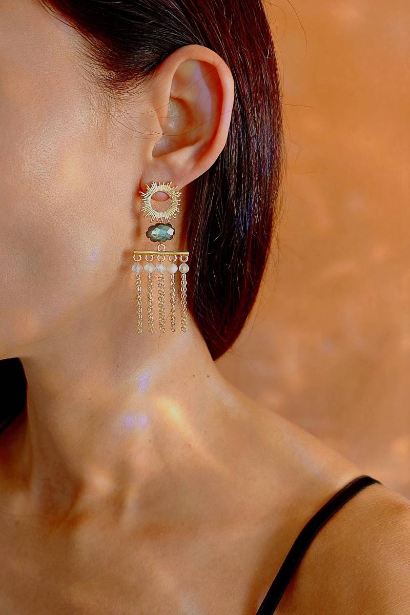 Boho Art Deco Earrings With Labradorite & Moonstone - Celestial Statement Earrings, Handmade Gemstone Jewelry Nut Céleste von RepinArt