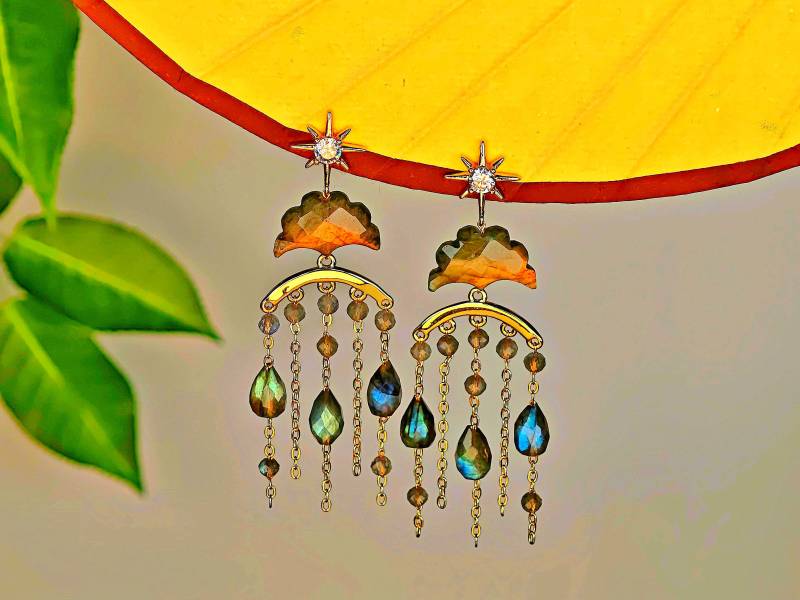 Art Deco Boho Earrings With Labradorite & Zircon - Statement Dangle Earrings, Handmade Gemstone Jewelry Nyx Golden Era von RepinArt