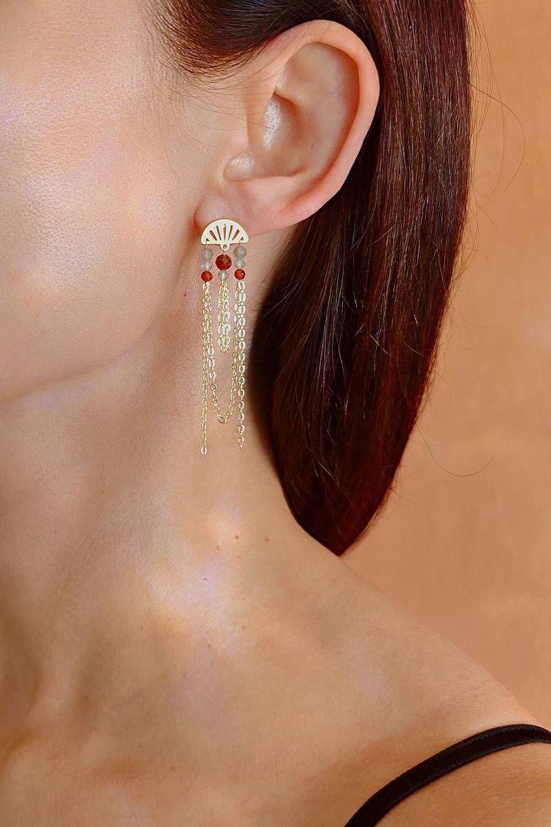 Boho Art Deco Earrings With Labradorite & Garnet - Long Dangle Earrings, Handmade Gemstone Jewelry Golden Era Sacred Sun von RepinArt