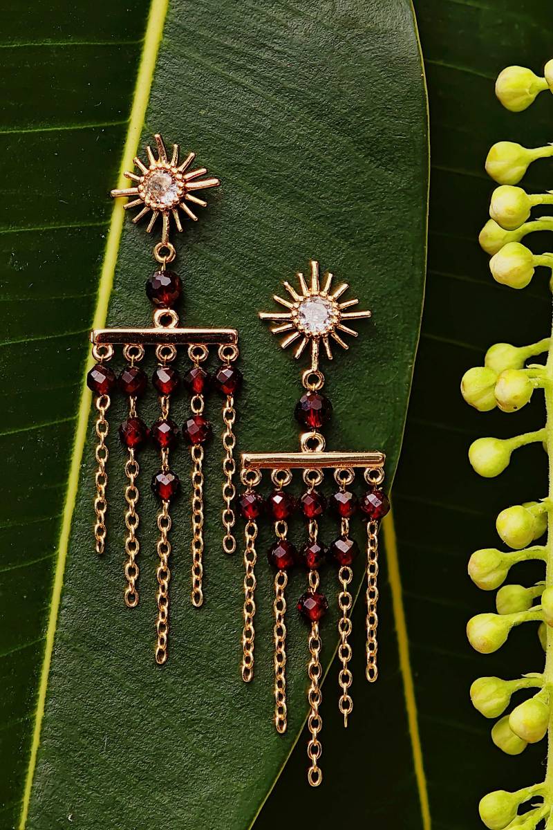 Art Deco Boho Earrings | Garnet & Zircon Dangle Earrings, Handmade Gold Plated Bohemian Gemstone Jewelry - Nocturne Ardent von RepinArt
