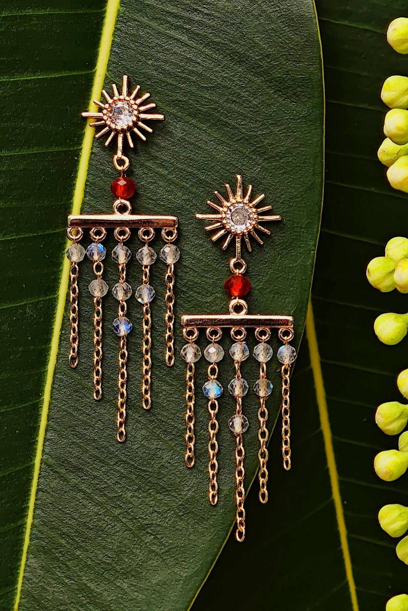 Boho Art Deco Earrings With Labradorite, Carnelian & Zircon - Handmade Gold Plated Gemstone Dangle Nocturne Aube von RepinArt