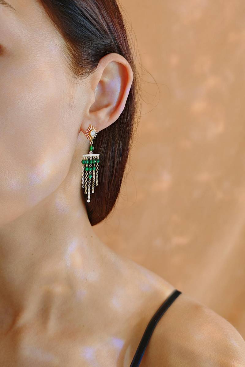 Boho Art Deco Earrings With Green Zircon & Clear - Gold Plated Dangle Earrings, Handmade Gemstone Jewelry Nocturne Émeraude von RepinArt