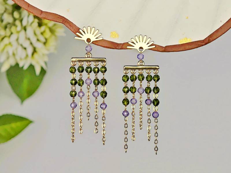 Boho Art Deco Earrings With Olive Green Crystal & Purple Zircon - Long Statement Dangle Earrings, Handmade Gemstone Jewelry Sonata Aurora von RepinArt