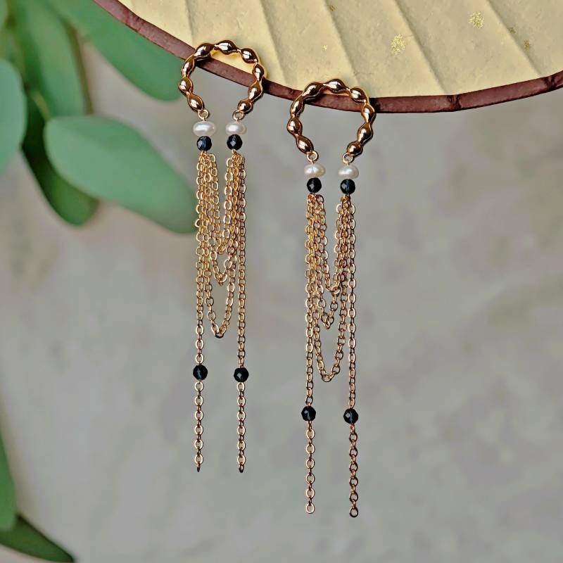 Boho Art Deco Earrings With Freshwater Pearl & Blue Crystal - Long Dangle Earrings, Handmade Gemstone Jewelry Sonata Azzurra von RepinArt