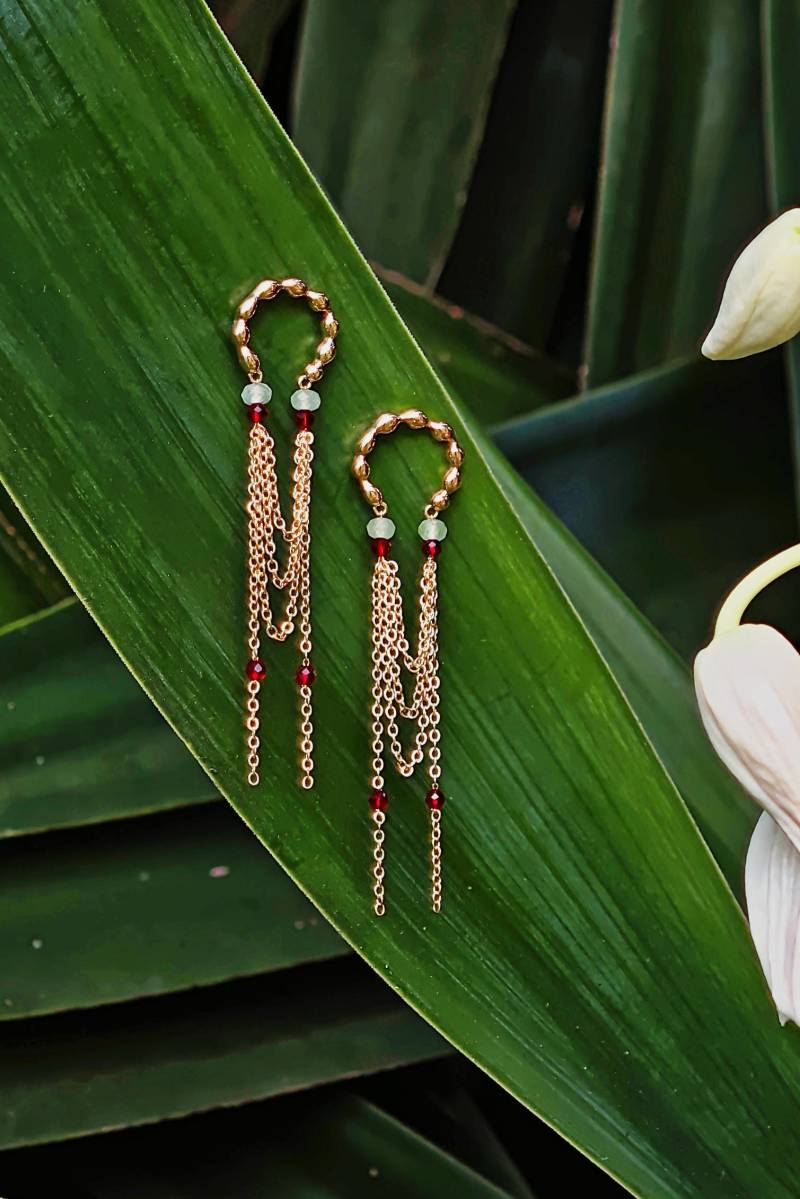 Boho Art Deco Earrings With Chalcedony & Red Crystal - Long Statement Dangle Earrings, Handmade Gemstone Jewelry Sonata Carmine von RepinArt