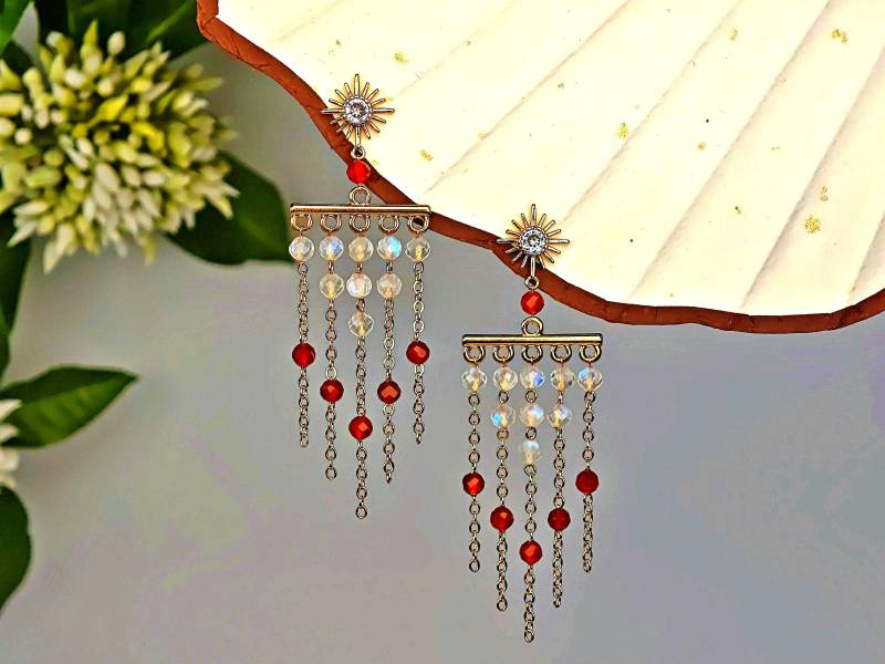 Boho Art Deco Earrings With Moonstone & Carnelian - Long Statement Dangle Earrings, Handmade Gemstone Jewelry Sonata Di Luna von RepinArt