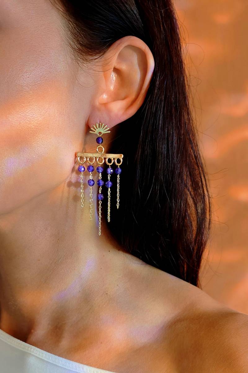 Boho Art Deco Earrings With Purple Zircon - Long Statement Dangle Earrings, Handmade Gemstone Jewelry Sonata Incanto Viola von RepinArt