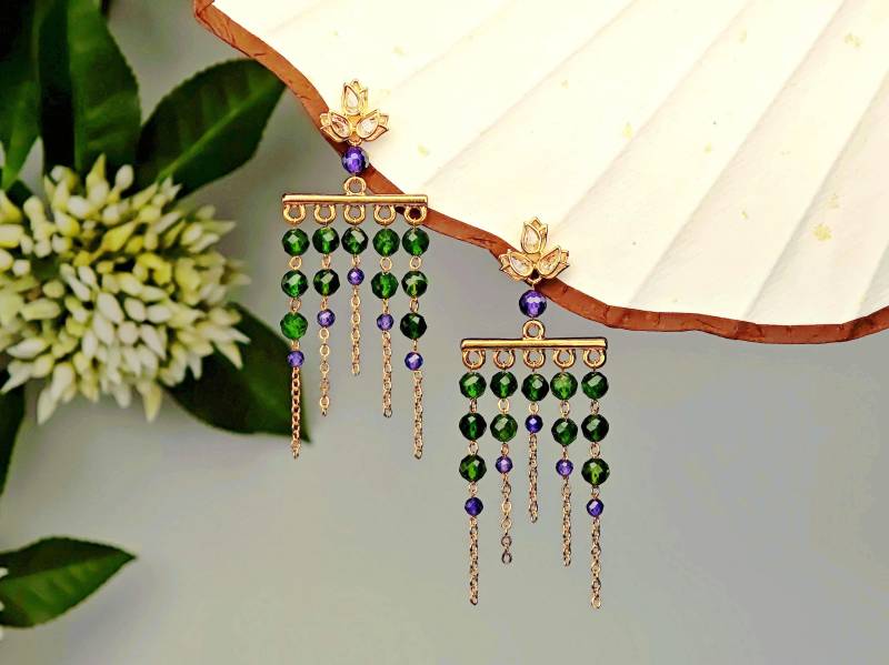 Boho Art Deco Earrings With Green Diopside & Purple Zircon - Gold Lotus Stud Earrings, Handmade Gemstone Jewelry Sonata Verde von RepinArt