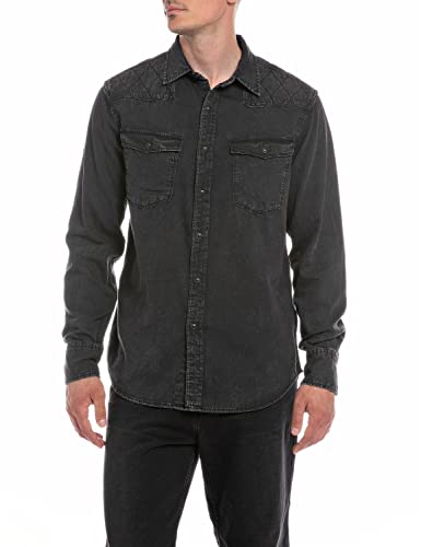 Replay Herren Jeanshemd Langarm aus Baumwolle, Dark Grey 097 (Grau), XL von Replay