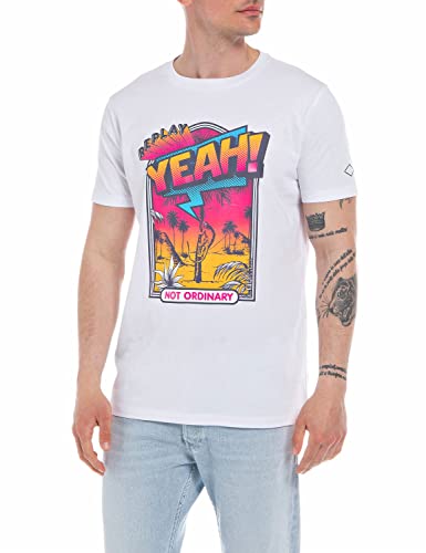 Replay Herren T-Shirt Kurzarm mit Print, Optical White 001 (Weiß), L von Replay