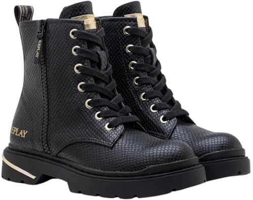 REPLAY Mädchen Mid Boot Stiefel mit Schnürsenkeln, Schwarz (Black Snake 1720), 35 von Replay