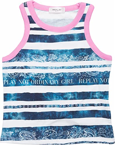 REPLAY Mädchen SG7627 Trägershirt/Cami Shirt, 010 White/Blue Striped, 8A von Replay