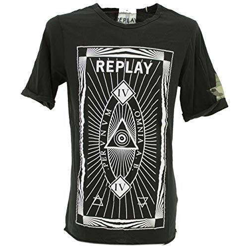 Replay, Herren Kurzarm Shirt T-Shirt Dünner Jersey Schwarz Weiss M [22094] von Replay