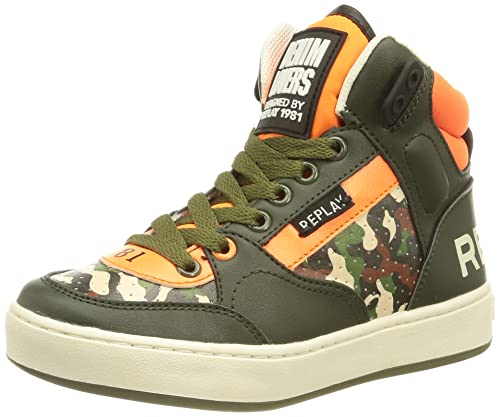 REPLAY Cobra MID Boy Sneaker, 3066 Army Green ORANGE Fluo CAMO, 30 EU von Replay