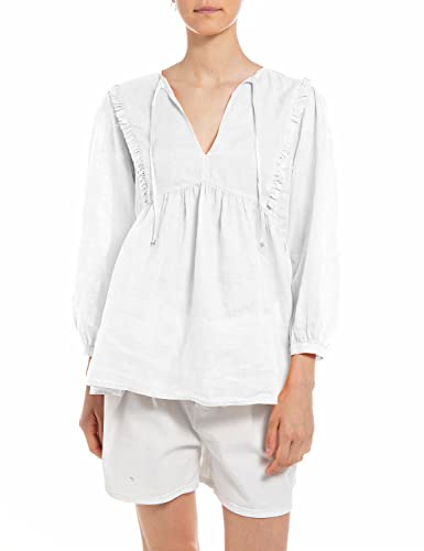 Replay Damen Bluse Langarm aus Leinen, Optical White 001 (Weiß), M von Replay