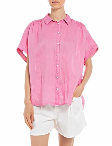 Replay Damen Bluse Kurzarm aus Leinen, Light Rose 307 (Rosa), M von Replay