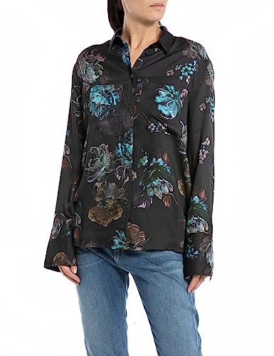 Replay Damen Bluse Langarm All Over Print, Dark Brown/Multicolor 010 (Mehrfarbig), L von Replay