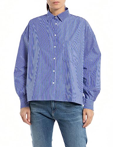 Replay Damen Bluse Langarm aus Baumwolle, Blue/White 010 (Mehrfarbig), L von Replay