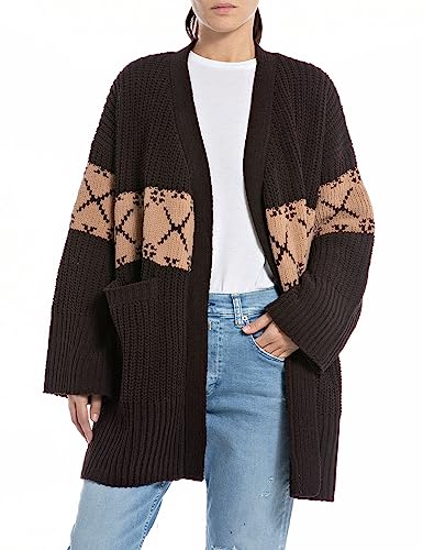 Replay Damen Cardigan Strickjacke, Mehrfarbig (Jacquard Deep Brown/Desert 010), M von Replay