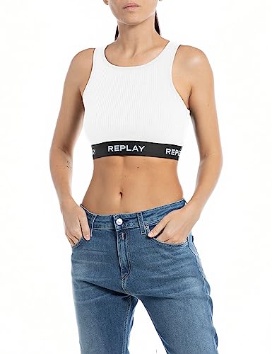 Replay Damen Crop-Top mit Stretch, Weiß (White 001), L von Replay