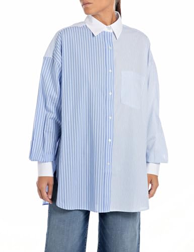 Replay Damen Hemd Langarm aus Baumwolle, Mehrfarbig (Azure/Blue/White 010), XXS von Replay