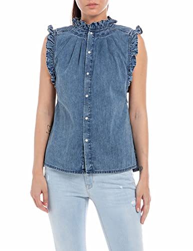 Replay Damen Jeans Bluse Kurzarm mit Seide, Medium Blue 009 (Blau), L von Replay