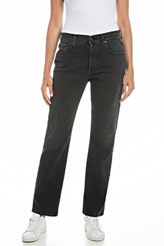 Replay Damen Jeans Maijke Straight-Fit mit Stretch, Schwarz (Black 098), W25 x L28 von Replay
