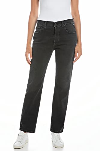 Replay Damen Jeans Maijke Straight-Fit mit Stretch, Schwarz (Black 098), W25 x L30 von Replay