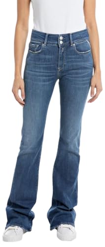Replay Damen Jeans Schlaghose Newluz Flare Flare-Fit mit Power Stretch, Blau (Medium Blue 009), 32W / 32L von Replay