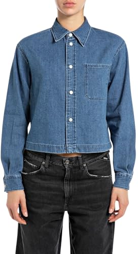 Replay Damen Jeanshemd Langarm Cropped, Blau (Medium Blue 009), L von Replay