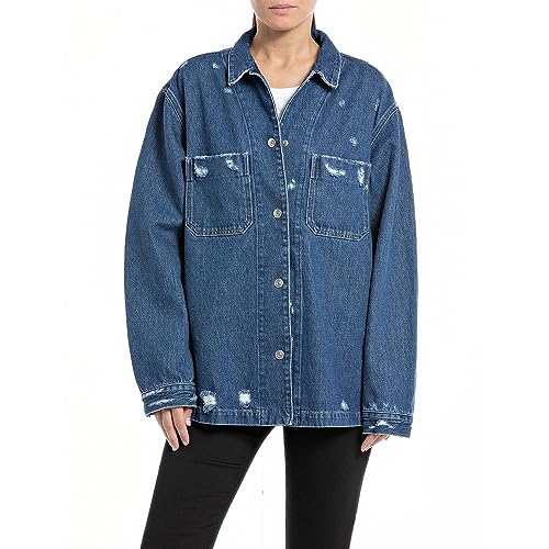 Replay Damen Jeansjacke Lang, Medium Blue 009 (Blau), S von Replay