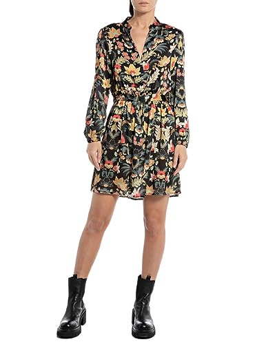 Replay Damen Kleid Langarm All Over Print, Black/Multicolor 010 (Mehrfarbig), L von Replay