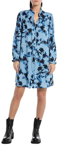 Replay Damen Kleid Langarm All Over Print, Avio/Blue 010 (Blau), M von Replay