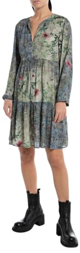 Replay Damen Kleid Langarm Knielang, Multicolor 010 (Mehrfarbig), L von Replay