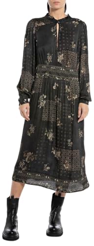 Replay Damen Maxikleid Langarm All Over Print, Dark Brown/Cream 010 (Mehrfarbig), XL von Replay