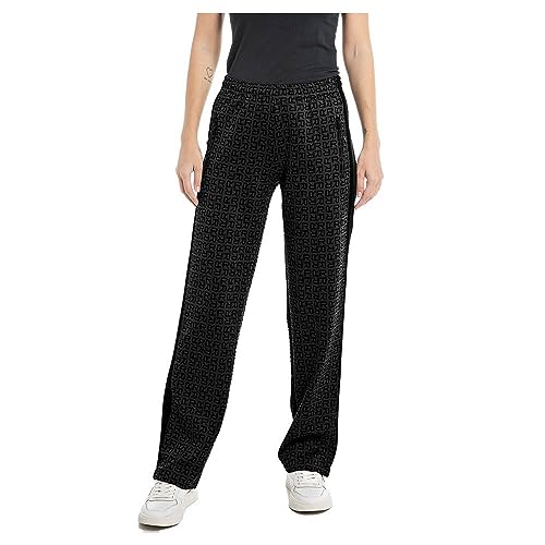 Replay Damen Stoffhose Logo All Over Print, Blackboard/Black 020 (Schwarz), L von Replay