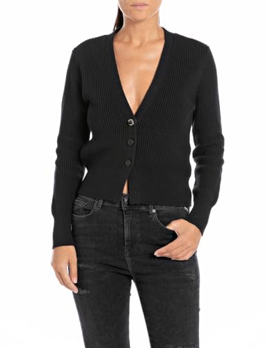 Replay Damen Strickjacke Cardigan, Black 098 (Schwarz), M von Replay