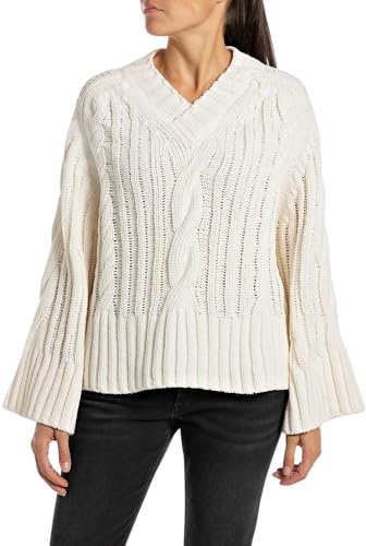 Replay Damen Strickpullover mit V-Ausschnitt, Weiß (Butter White 412), XS von Replay