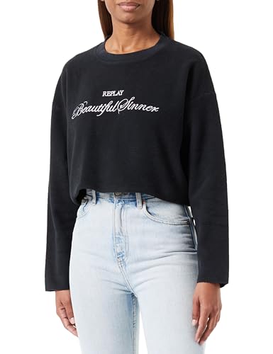 Replay Damen Sweatshirt Cropped, Blackboard 099 (Schwarz), S von Replay