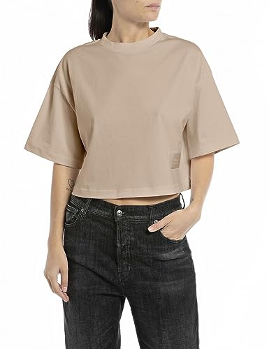 Replay Damen T-Shirt Kurzarm aus Baumwolle Second Life Collection, Sand 822 (Beige), XL von Replay