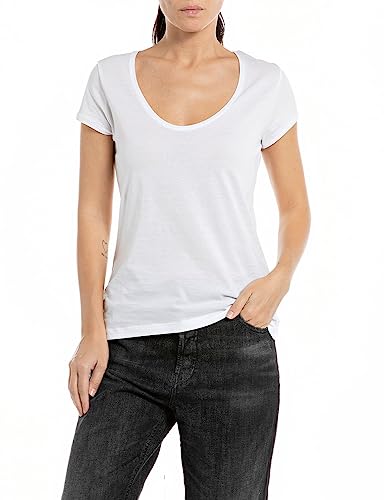 Replay Damen T-Shirt Kurzarm aus Baumwolle Basic, White 001 (Weiß), S von Replay