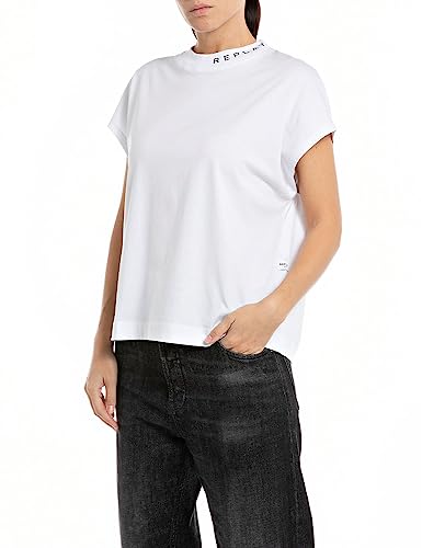 Replay Damen T-Shirt Kurzarm Baumwolle Jersey, Weiß (White 001), S von Replay