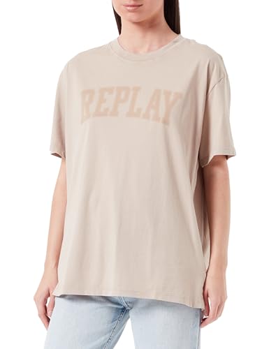 Replay Damen T-Shirt Kurzarm aus Baumwolle mit Logo, Light Taupe 803 (Beige), XL von Replay