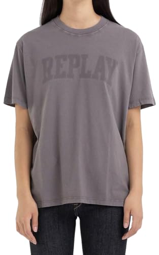 Replay Damen T-Shirt Kurzarm aus Baumwolle mit Logo, Anthracite 093 (Grau), L von Replay