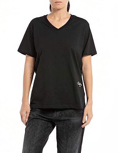 Replay Damen T-Shirt Kurzarm aus Baumwolle mit V-Ausschnitt, Black 098 (Schwarz), XS von Replay