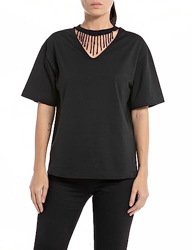 Replay Damen T-Shirt Kurzarm aus Baumwolle V-Ausschnitt, Black 098 (Schwarz), XXS von Replay
