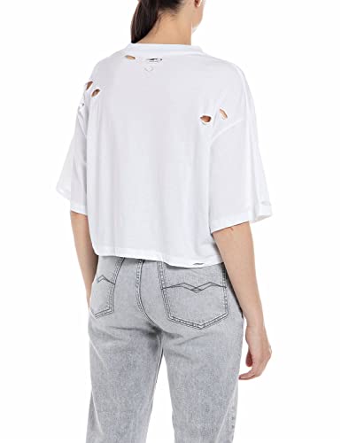 Replay Damen T-Shirt Kurzarm Destroyed Look, Optical White 001 (Weiß), M von Replay