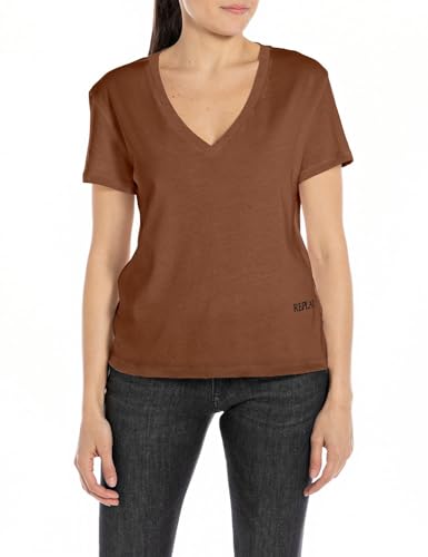Replay Damen T-Shirt Kurzarm aus Baumwolle, Brandy 524 (Braun), XL von Replay